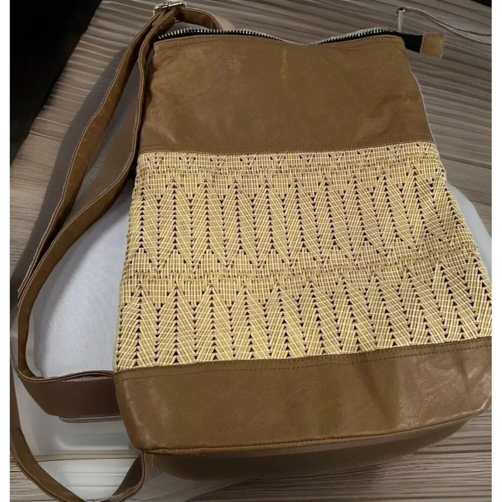 POVERTY FLATS FAUX LEATHER Boho BACKPACK Bag Purse‎ Brown/Yellow Geo Design